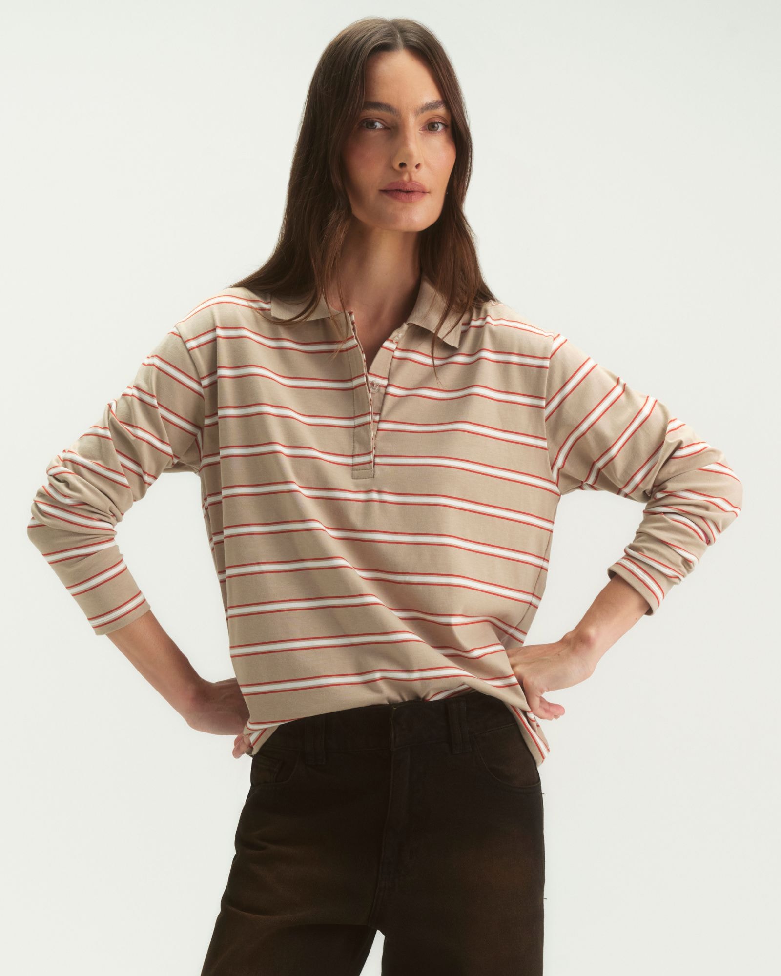 Camiseta Polo Manga Longa Listra Taupe and Red
