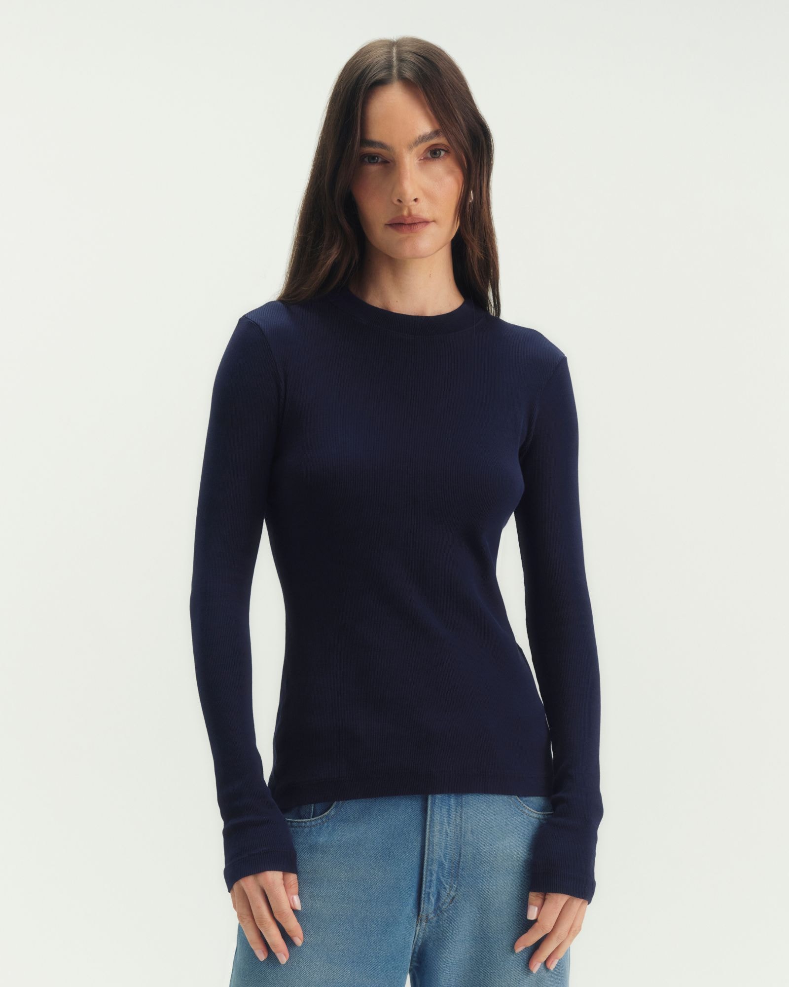 Camiseta Rib Manga Longa Canelada Azul Dark Night